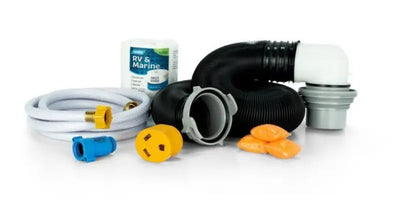 Camco 47807 Starter Kit Box for 2021 - Standard, featuring hoses, connectors, and RV essentials for camping trips.