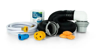 Camco 47807 Starter Kit Box for 2021 - Standard, featuring essential camping and RV items including hoses, connectors, and accessories.