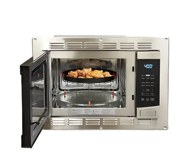 Stainless steel Lasalle Bris High Pointe microwave oven with food inside