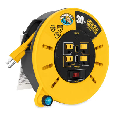 Yellow and black Camco Powergrip Extension Cord Reel with outlets and USB ports