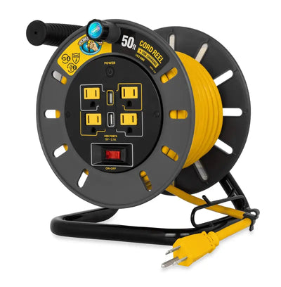 Yellow Camco Powergrip Extension Cord Reel 50 with multiple outlets for easy power access