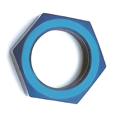 Blue hexagonal speedfx -10an bulkhead nut with central threading for fittings