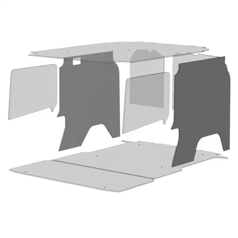 Silver folding table with black legs, gray top for Legend Fleet Duratherm ceiling liner