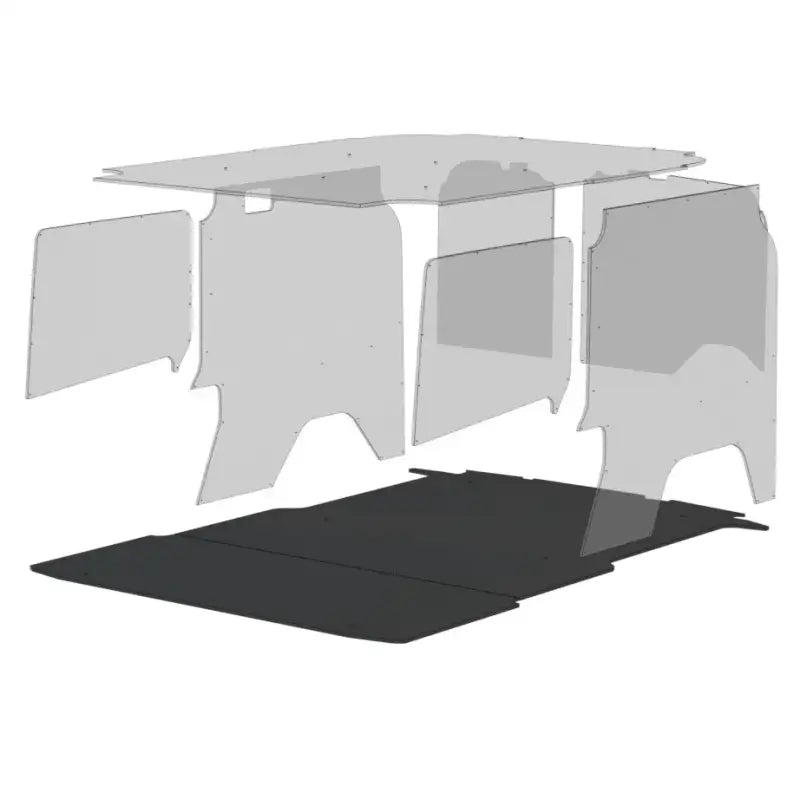 Clear acrylic coffee table with Legend Fleet Stabiligrip black base