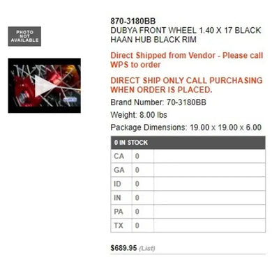 70-3180BB Dubya Front Wheel 1.40 X 17 Black Haan Hub Rim - Wheels