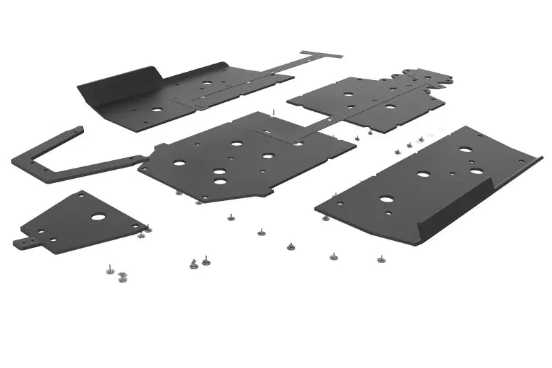 Disassembled black metal skid plates and hardware for Seizmik Skid Plate Kit with Tree Kickers