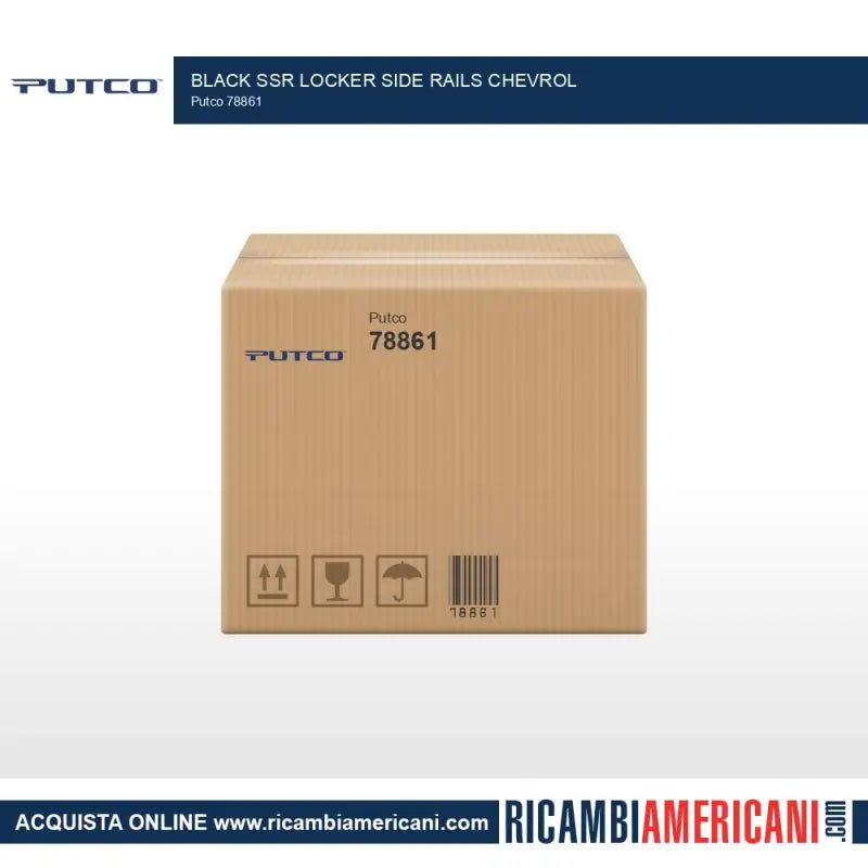 Cardboard box with shipping labels for Putco Black SSR Locker side rails