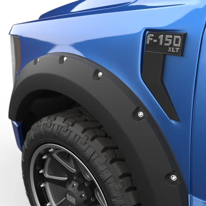 Black plastic F-150 XLT fender flare set with silver bolts and matte finish