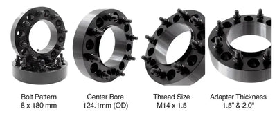 Revolution Steel 8180-8180HS-E wheel, bolt pattern 8X180 mm, center bore 124.10 mm, M14 x 1.5 thread size, with adapter thickness of 1.5 and 2.0 inches.