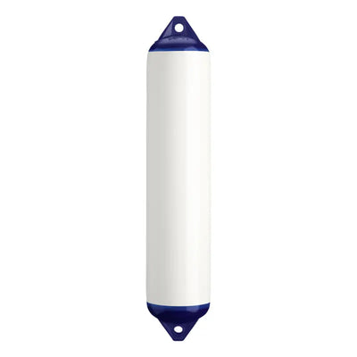 White cylindrical commercial grade fender with blue ends for boat protection