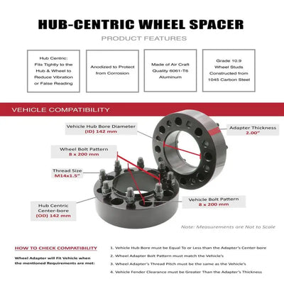 8200-8200HS-E Revolution Steel 8X200 2.0 142 M14 hub-centric wheel spacer, anodized, 6061-T6 aluminum, 10.9 grade steel, 142mm hub bore, 2.0" adapter thickness, 8x200 bolt pattern, M14x1.5 thread size.