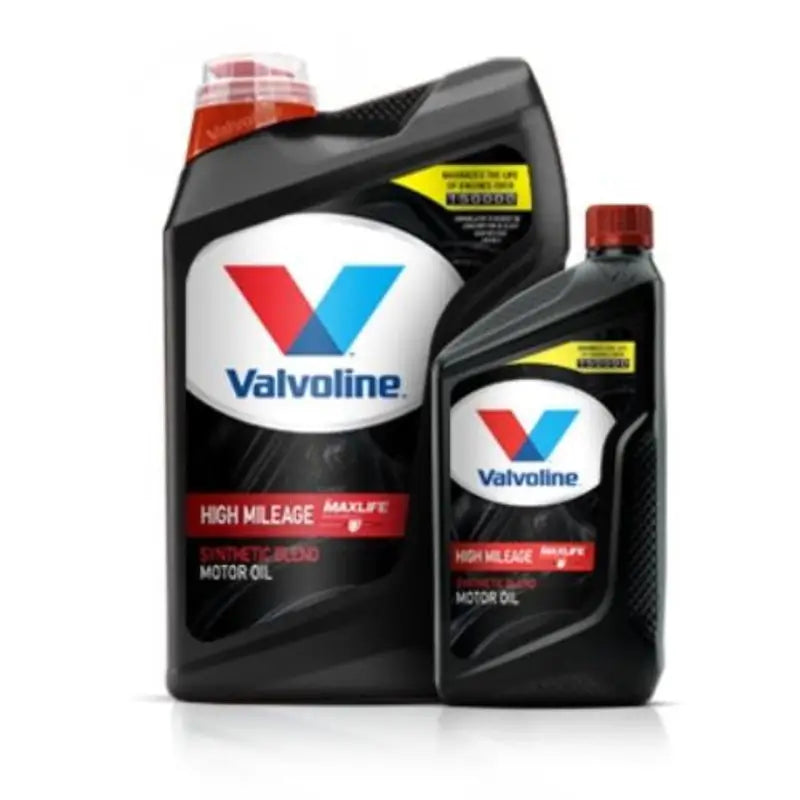 Valvoline High Mileage EP 150 5W20 synthetic blend motor oil containers.