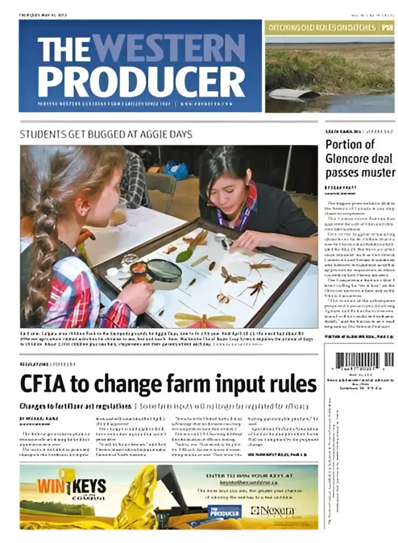 Front page of "The Western Producer" newspaper featuring articles on farm input rule changes and consumer activities with detailed images of students examining bugs and promotional material for consumer take-ones "900-2020T Dee Zee 2020 Consumer Take-Ones".