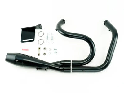 Black motorcycle exhaust system with merge collectors and swept-up muffler for 2in1 TC Softail