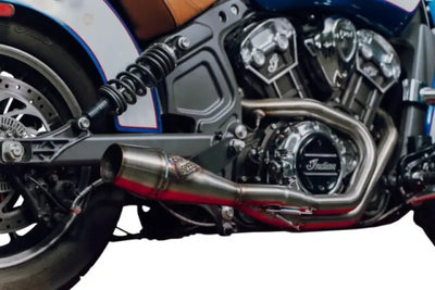 Polished stainless steel Sawicki Indian Scout mid length Cannon exhaust system with welds