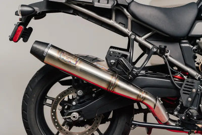 Rear of Pan America with custom Sawicki Pan America Slip-On Cannon Black exhaust