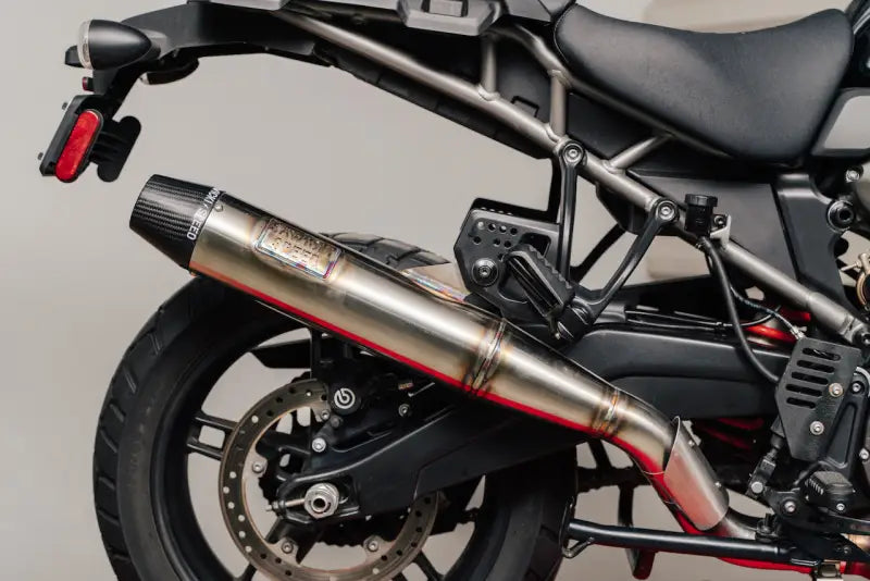 Rear view of Pan America with aftermarket Sawicki Pan America Slip-On Cannon Black exhaust