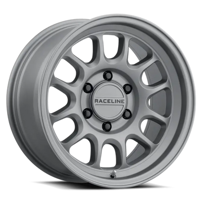 Silver alloy car wheel from Raceline Rogue Titanium 958T-29050-00 Rogue Titanium series