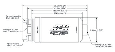 AEM 380LPH High Pressure Fuel Pump with -6AN Female Out and -10AN Female In product schematic and dimensions.