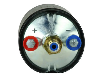 AEM 400LPH High Pressure Inline Fuel Pump with M18x1.5 Female Inlet and M12x1.5 Male Outlet showing connections and terminals.