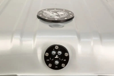 Silver fuel tank with black caps from Aeromotive Stealth Gen 2 for easy fuel delivery