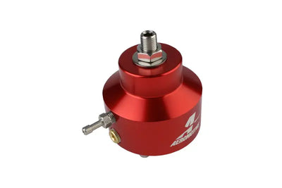 Red Aeromotive 86-93 Ford 5.0 Billet Adjustable Regulator with stainless steel fittings and logo