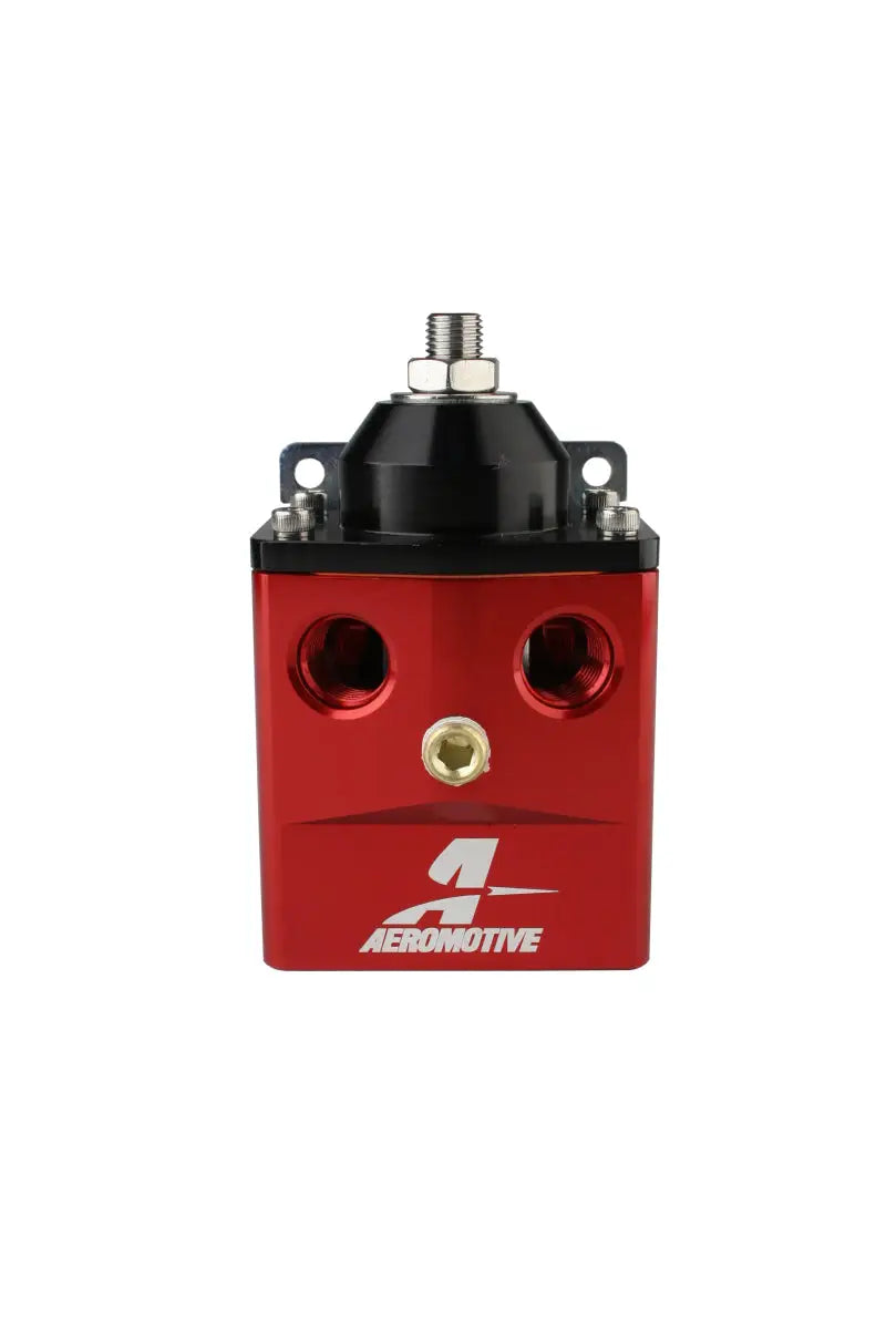 Red and black Aeromotive A4 Carbureted Regulator with 4 ports and male flare fittings