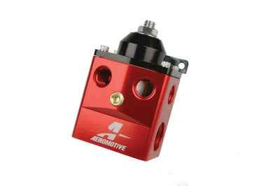 Red and black Aeromotive A4 Carbureted Regulator with male flare fittings