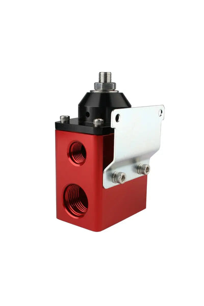 Red and black Aeromotive A4 Carbureted Regulator with mounting bracket and male flare fittings