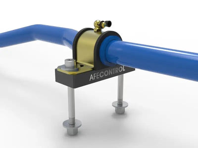 Blue sway bar with gold and black clamp, part of aFe VW GTI sway bar set
