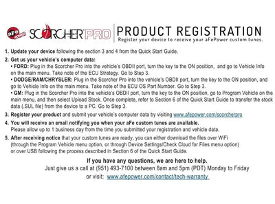 Afe Scorcher Pro performance programmer registration card with steps