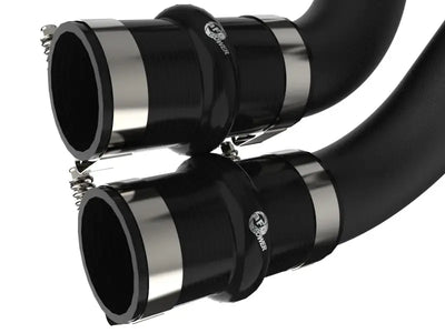 Black rubber hoses with metal clamps on aFe BladeRunner 2.5in Aluminum Hot Charge Pipe