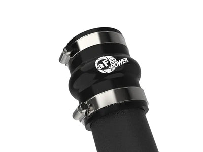Black rubber hose with metal clamps on aFe BladeRunner 2-1/2 inch aluminum hot charge pipe for Subaru WRX