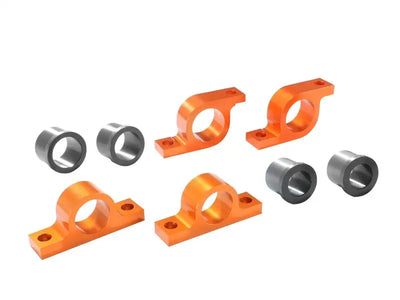 Orange metal bearing mounts with gray bushings for aFe Control PFADT Series Racing sway bar
