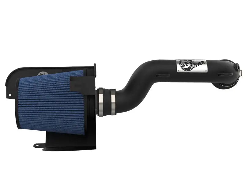 aFe Magnum FORCE Stage-2 XP Pro 5R Cold Air Intake System for 2018+ Jeep Wrangler (JL) V6 3.6L featuring a 7-1/2" tall oil-free blue conical air filter and black powder-coated aluminum intake tube.