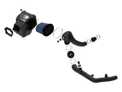 aFe Momentum GT Pro 5R Cold Air Intake System for 2021 Ford Bronco V6 2.7 (TT) shown disassembled, featuring pre-oiled Pro 5R media, heat-resistant XLPE housing, dyno-tuned intake tubes, and stainless-steel clamps suitable for RV, automotive, powersports, off-road, marine, truck accessories.