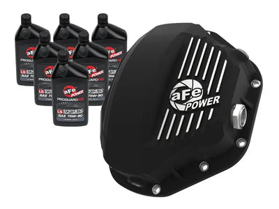 Afe power black differential cover for ford diesel trucks with silver accents