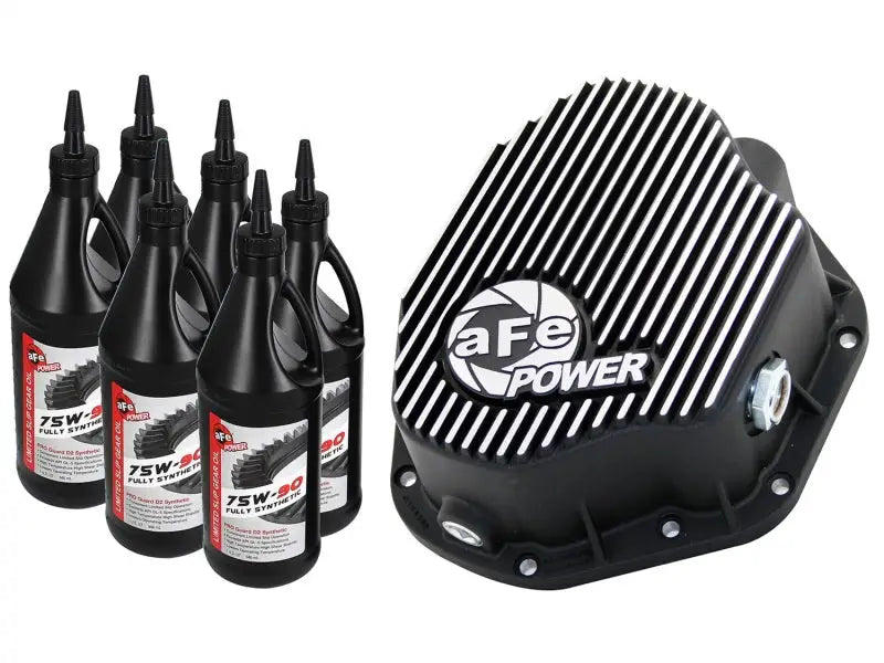 Afe power black aluminum differential cover with white stripes for ford diesel trucks