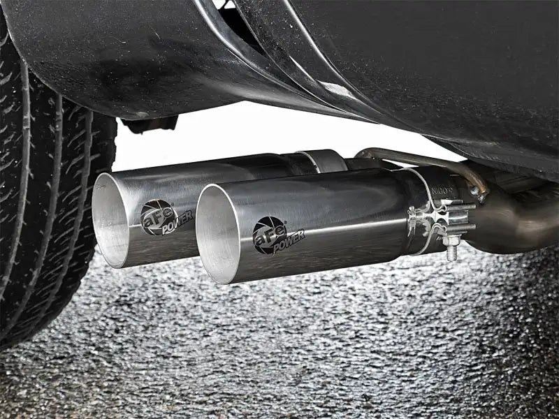 Dual chrome exhaust tips on the aFe Rebel Series 3in SS Cat-Back Exhaust System for Nissan Titan