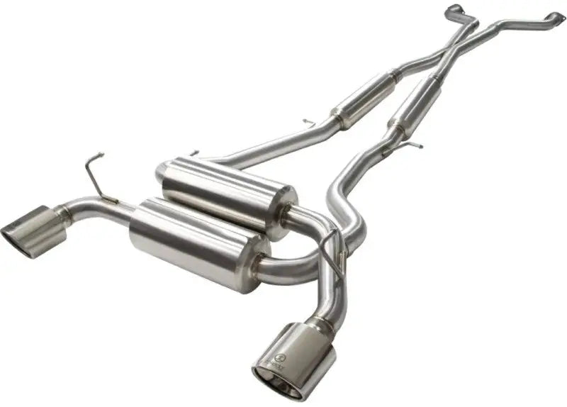 aFe Takeda 2-1/2in 304SS Cat-Back Exhaust for Infiniti G37 08-13/Q60 14-15 V6-3.7 with Polished Tips, dual transverse design, high-quality stainless steel, mandrel bent, TIG welded.