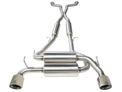 aFe Takeda 2-1/2in 304SS Cat-Back Exhaust for Infiniti G37 08-13/Q60 14-15 featuring dual mufflers with polished tips.