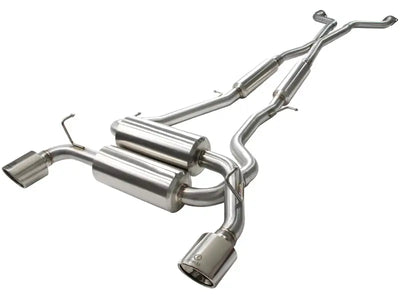 aFe Takeda 2-1/2in 304SS Cat-Back Exhaust System w/ Polished Tips for Infiniti G37 08-13/Q60 14-15 V6-3.7L (VQ37VHR) showcased with dual transverse mufflers and high-quality TIG welded stainless steel construction.