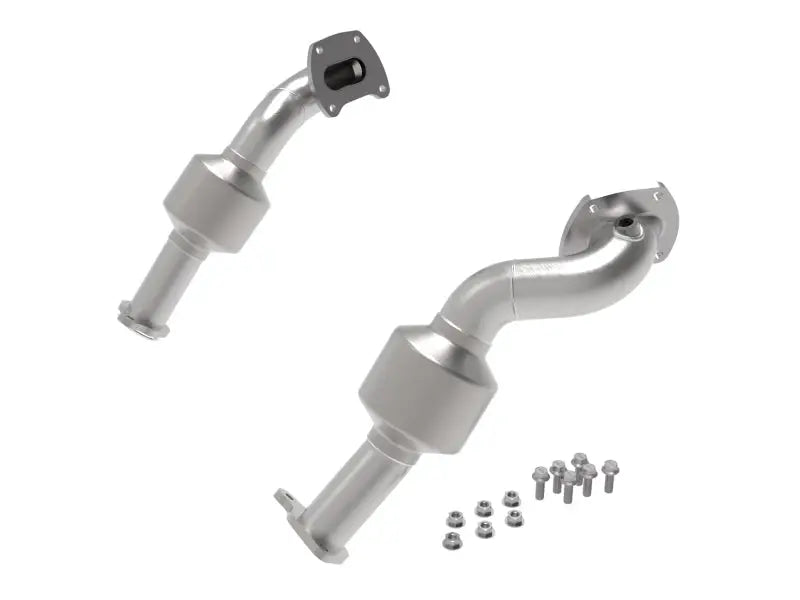 Two silver twisted steel catalytic converters with bolts for Toyota Tacoma AFE twisted steel upgrade