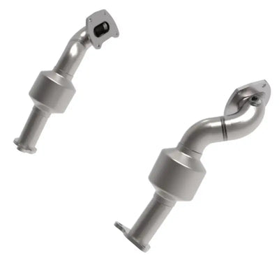 Two metal catalytic converters on a Toyota Tacoma with aFe Twisted Steel Down Pipe