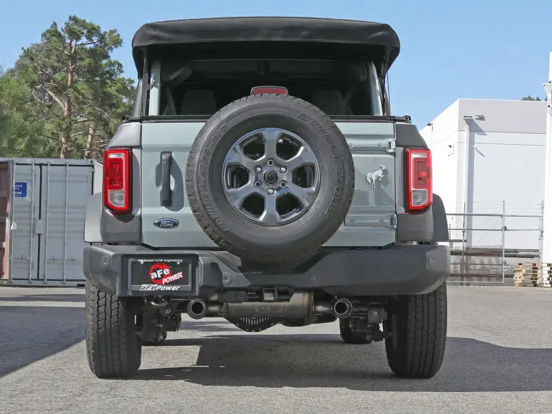 Gray Ford Bronco with rear spare tire showcasing the afe vulcan 3in exhaust system