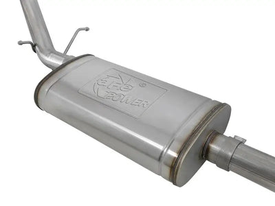 Shiny metal muffler from aFe Vulcan Series 3in 304SS Exhaust for Silverado 1500