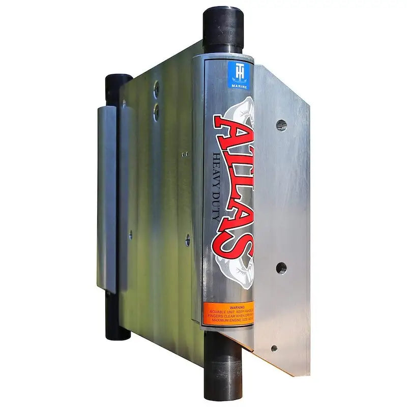 Silver heavy duty T-H Marine Atlas 4 jack plate with red white branding