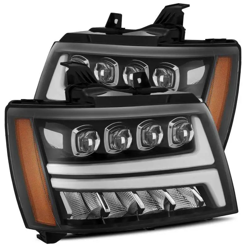 Black LED projector headlights with amber side markers for Toyota Tundra and Sequoia