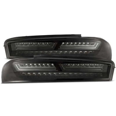 AlphaRex jet black Chevrolet Camaro PRO-Series LED tail lights with smoked DRLs and turn signals