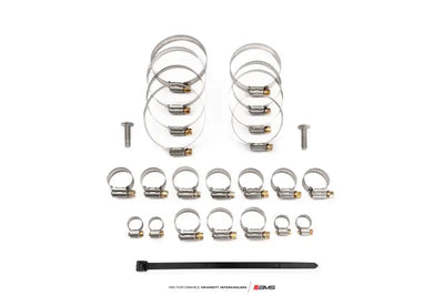 Assorted metal hose clamps and fasteners for AMS Performance Nissan Z VR30 intercoolers
